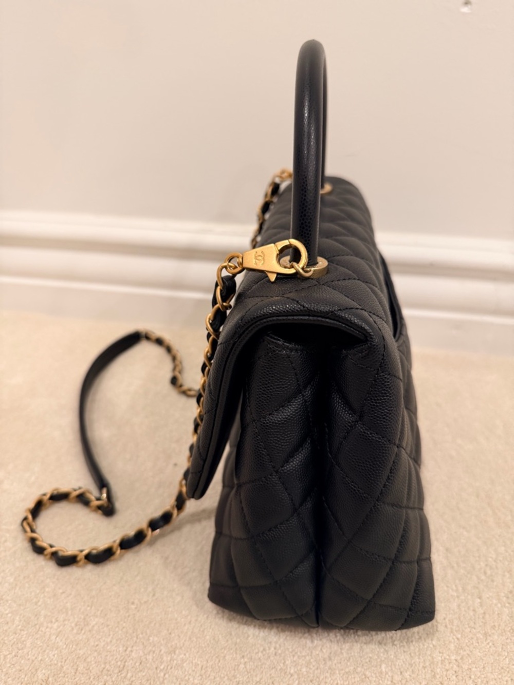CHANEL Black Quilted Caviar Top-Handle Shoulder Bag with Gold Hardware - Picture 2 of 10